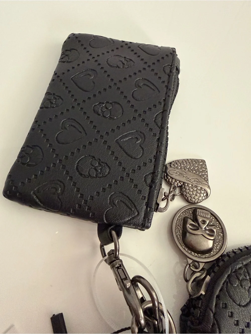 Ed Hardy Black Faux Leather Detachable Wristlet Keychain Pouch Hearts Skulls